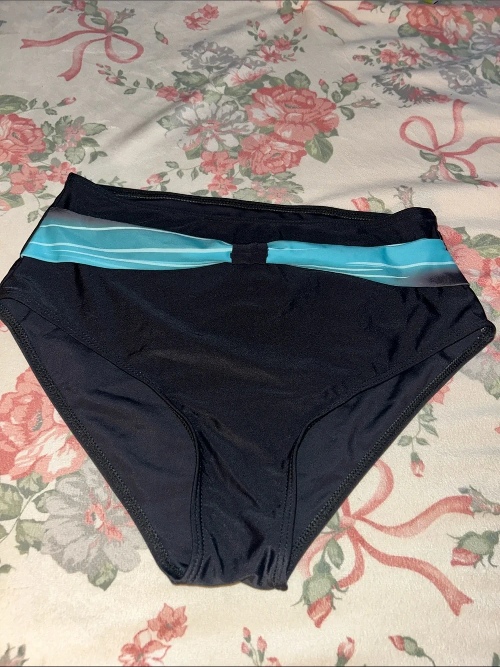 High-Waist Swim Briefs with Aqua Stripe